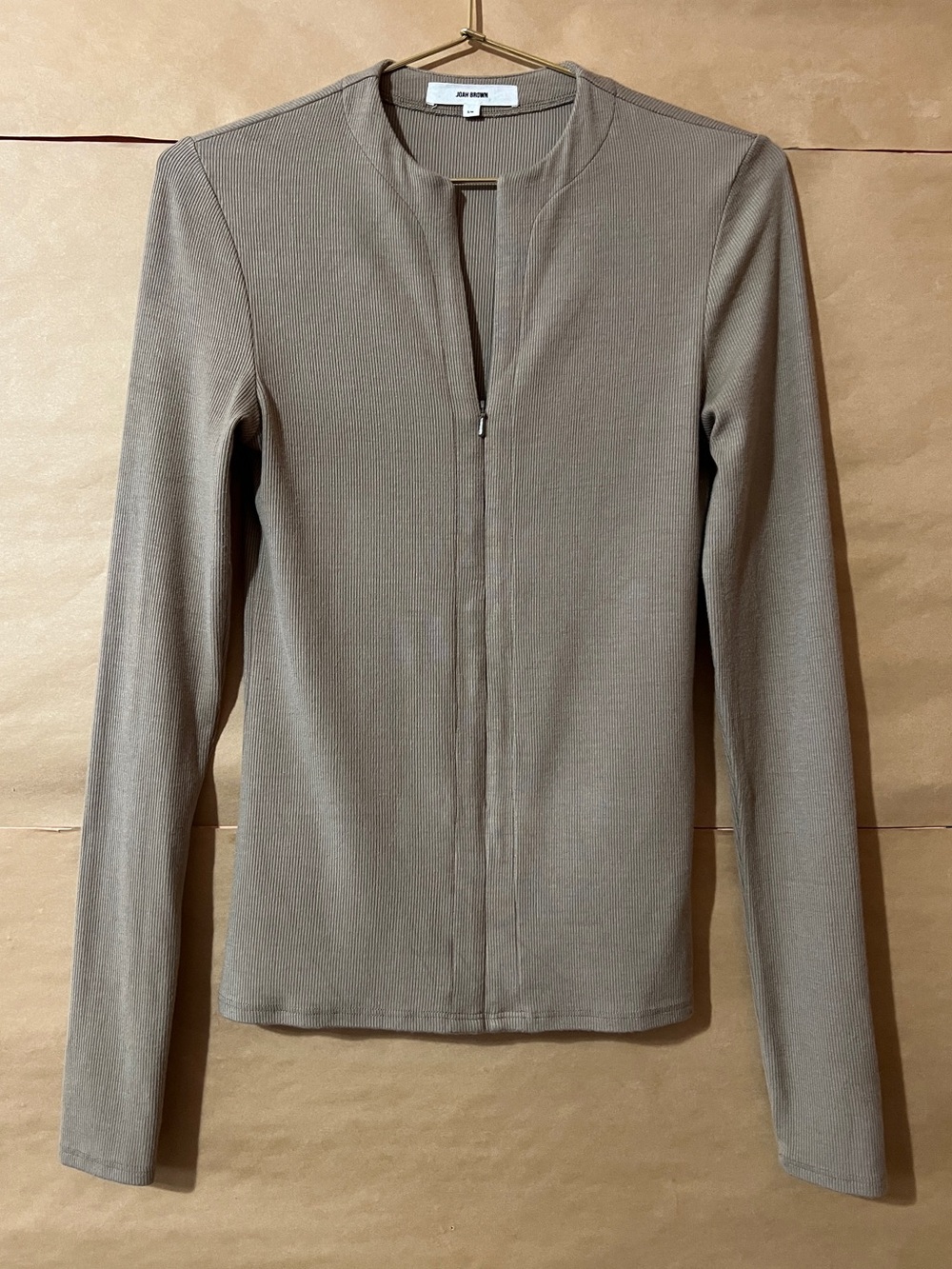 Joah Brown | Invisible Zip Long Sleeve Taupe FlexRib Top Ribbed Size S/M